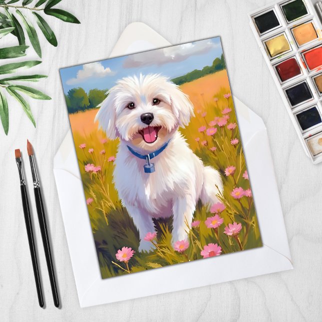 Maltese Dog Flower Field Painting Card (Creator Uploaded)
