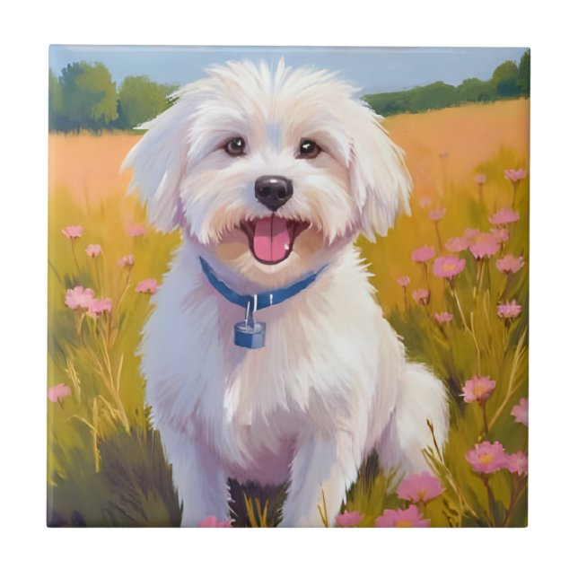 Maltese Dog Flower Field Painting Ceramic Tile (Front)