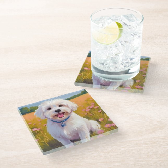 Maltese Dog Flower Field Painting Glass Coaster (Angled)