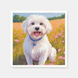 Maltese Dog Flower Field Painting Napkin