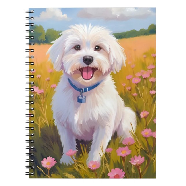 Maltese Dog Flower Field Painting Notebook (Front)