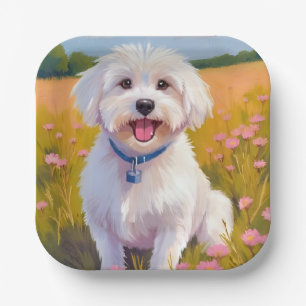Maltese Dog Flower Field Painting Paper Plate