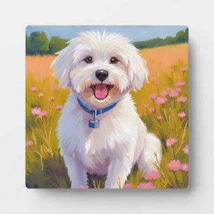 Maltese Dog Flower Field Painting Plaque