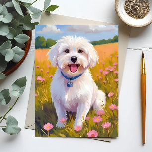 Maltese Dog Flower Field Painting Postcard