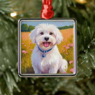 Maltese Dog Flower Field Pet Painting Metal Ornament