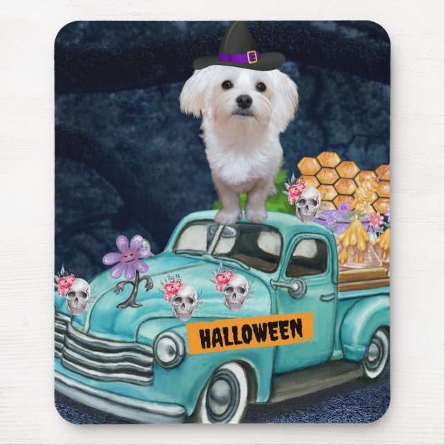 Maltese Dog Halloween Truck Scary Night   Mouse Pad (Front)