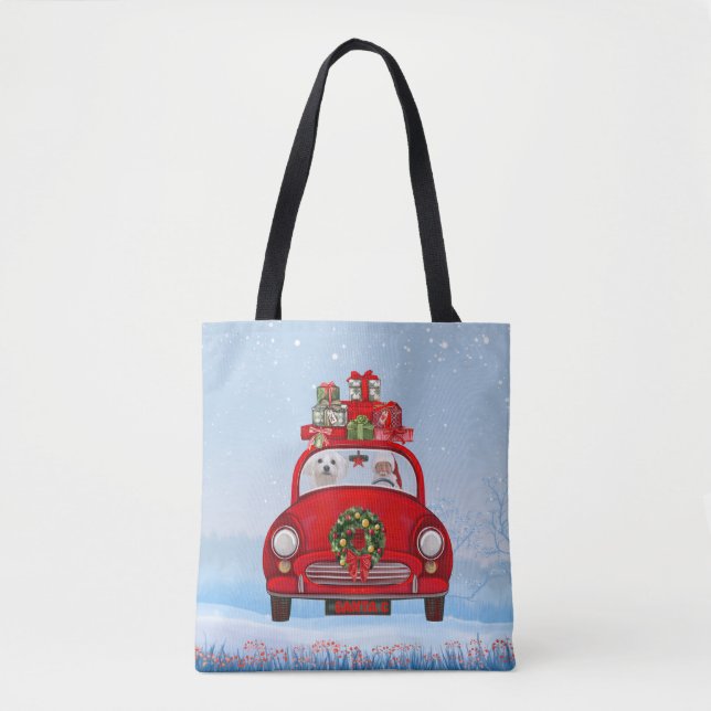 Maltese Dog In Car With Santa Claus Tote Bag (Front)