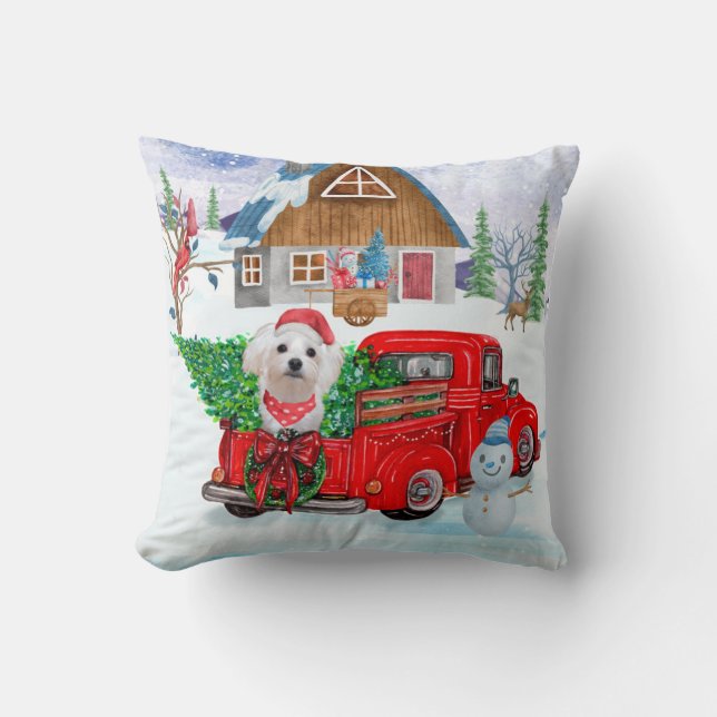 Maltese Dog In Christmas Delivery Truck Snow Cushion (Front)