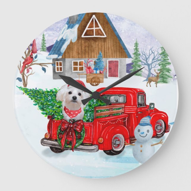 Maltese Dog In Christmas Delivery Truck Snow  Large Clock (Front)