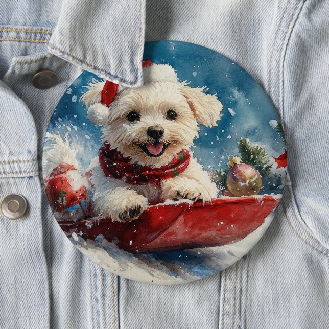 Maltese Dog in Sledge Let it Snow Christmas 6 Cm Round Badge (In Situ)