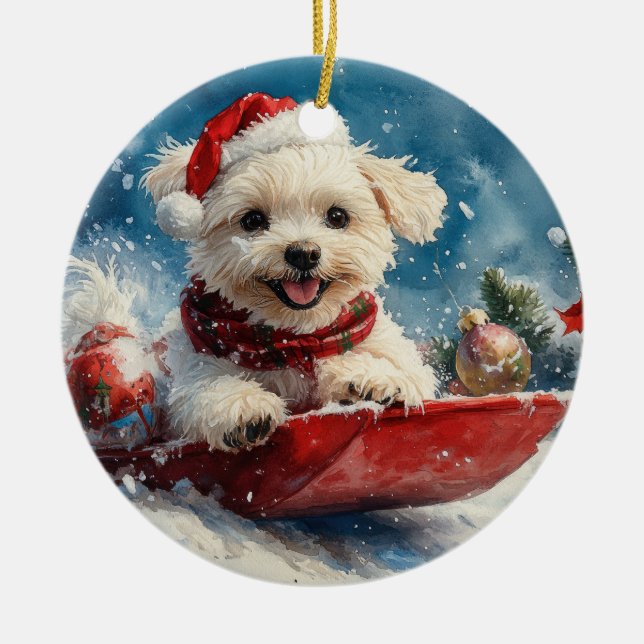 Maltese Dog in Sledge Let it Snow Christmas Ceramic Ornament (Front)