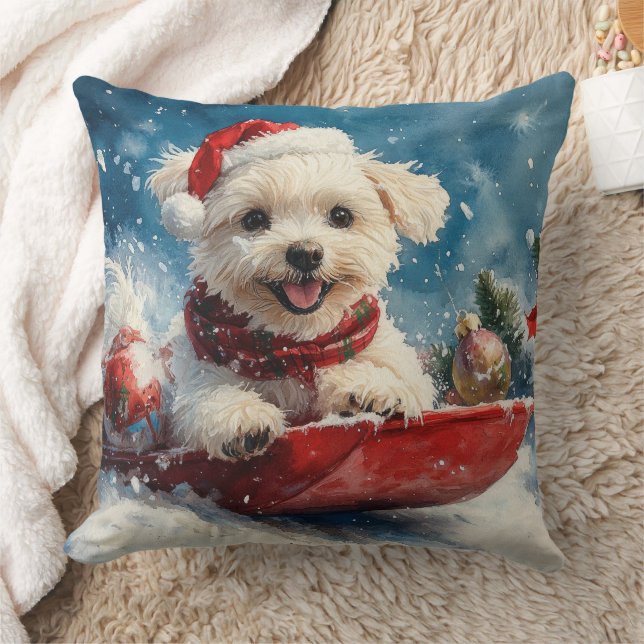 Maltese Dog in Sledge Let it Snow Christmas Cushion (Blanket)