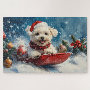 Maltese Dog in Sledge Let it Snow Christmas Jigsaw Puzzle