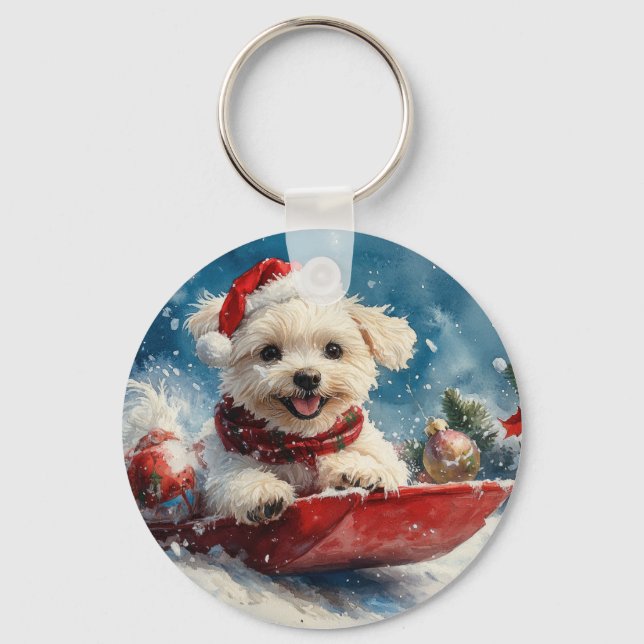 Maltese Dog in Sledge Let it Snow Christmas Key Ring (Front)