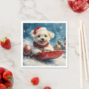 Maltese Dog in Sledge Let it Snow Christmas Napkin