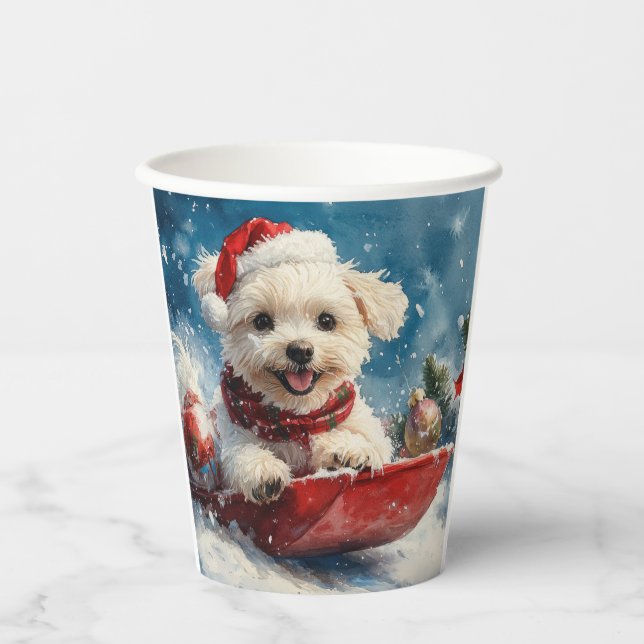 Maltese Dog in Sledge Let it Snow Christmas Paper Cups (Front)