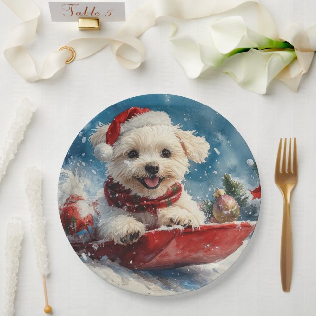 Maltese Dog in Sledge Let it Snow Christmas Paper Plate (Wedding)