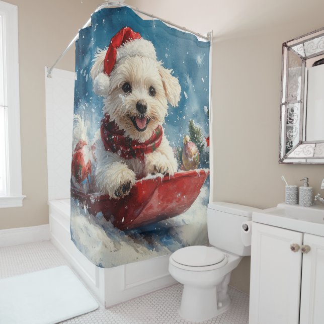 Maltese Dog in Sledge Let it Snow Christmas Shower Curtain (In Situ)