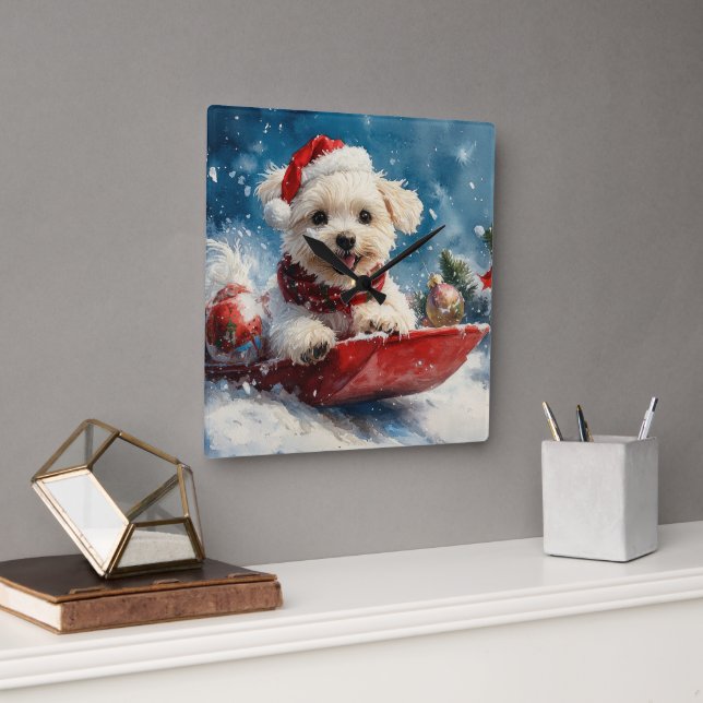 Maltese Dog in Sledge Let it Snow Christmas Square Wall Clock (Office)