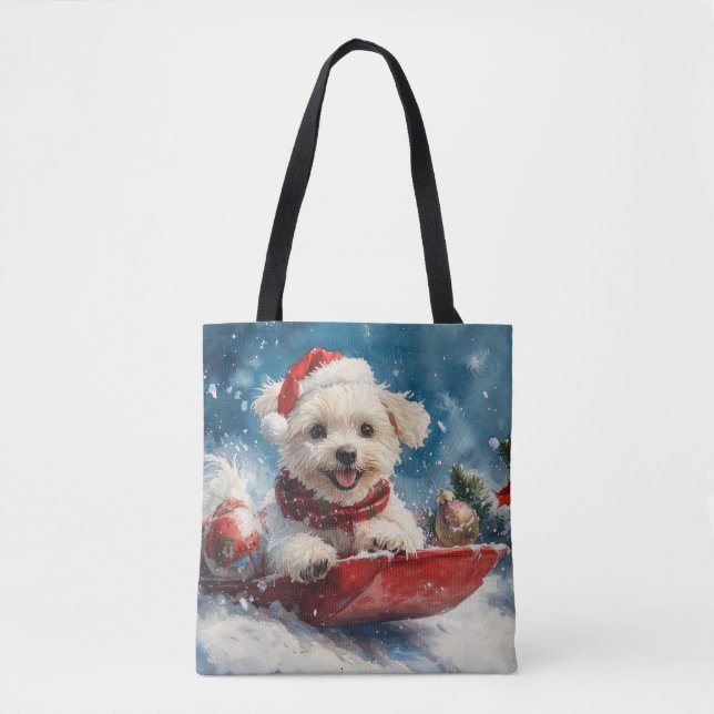 Maltese Dog in Sledge Let it Snow Christmas Tote Bag (Front)