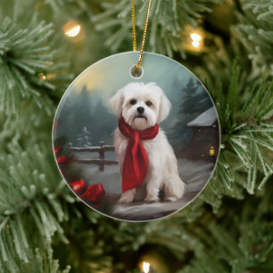 Maltese Dog in Snow Christmas  Ceramic Ornament