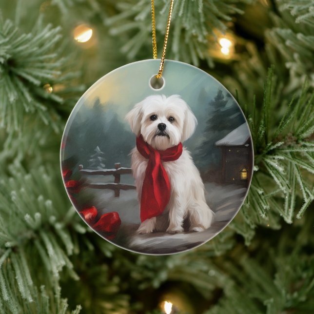Maltese Dog in Snow Christmas  Ceramic Ornament (Tree)