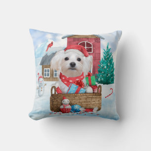 Maltese Dog In snow Christmas Dog House Cushion