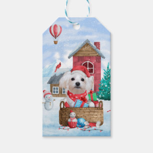 Maltese Dog In snow Christmas Dog House Gift Tags