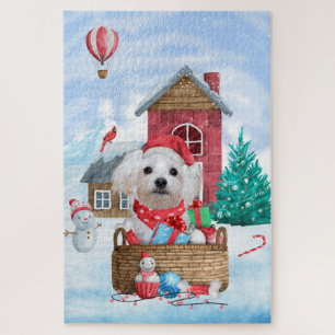 Maltese Dog In snow Christmas Dog House Jigsaw Puzzle