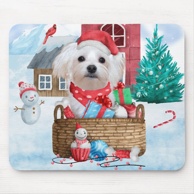 Maltese Dog In snow Christmas Dog House Mouse Pad (Front)