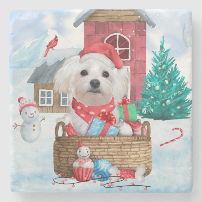 Maltese Dog In snow Christmas Dog House Stone Coaster (Front)