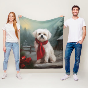 Maltese Dog in Snow Christmas Fleece Blanket