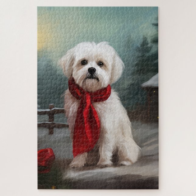 Maltese Dog in Snow Christmas  Jigsaw Puzzle (Vertical)