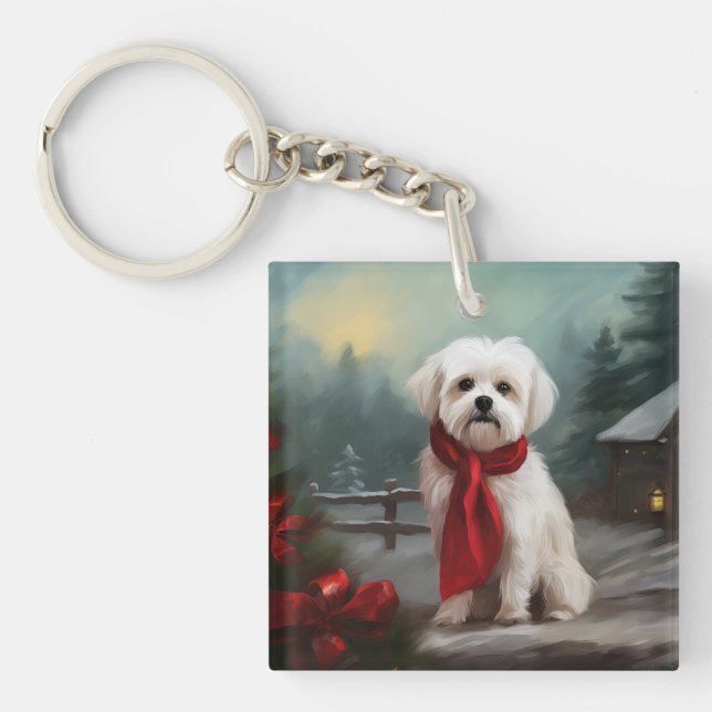 Maltese Dog in Snow Christmas  Key Ring (Front)