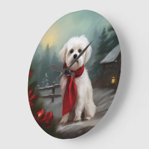 Maltese Dog in Snow Christmas  Large Clock
