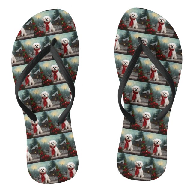 Maltese Dog in Snow Christmas  Thongs (Footbed)