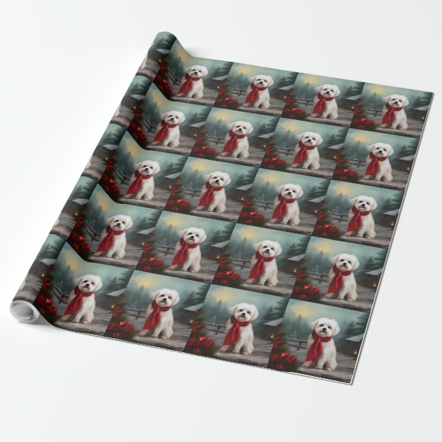 Maltese Dog in Snow Christmas  Wrapping Paper (Unrolled)