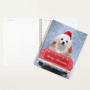 Maltese Dog in Snow sitting in Christmas Truck Car Planner
