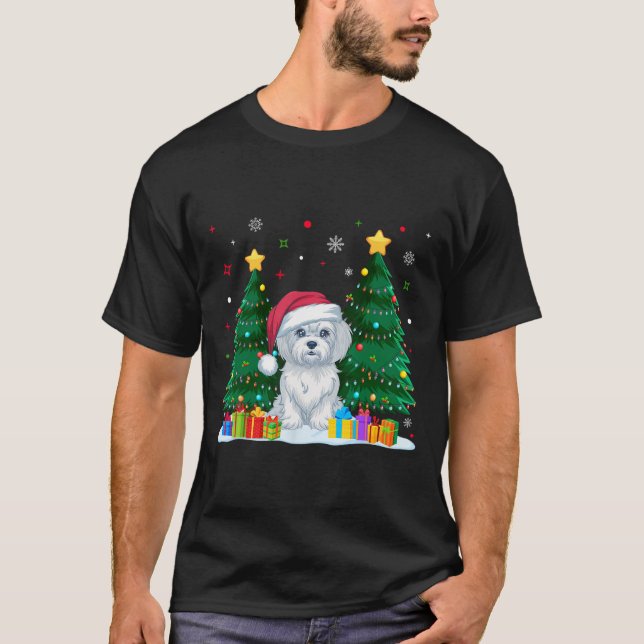 Maltese Dog Lovers Santa Hat Ugly Christmas Sweate T-Shirt (Front)