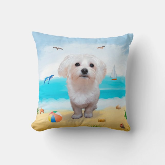 Maltese Dog on Beach Cushion (Front)