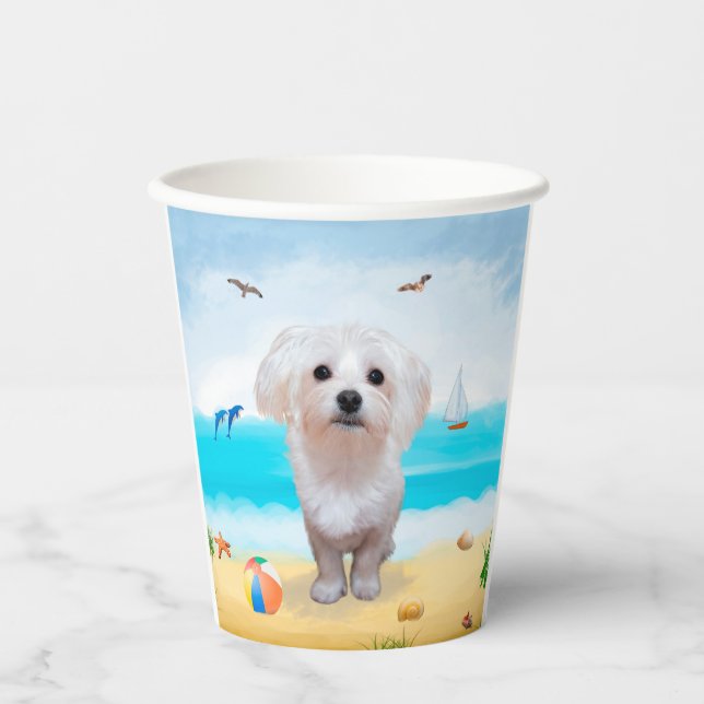 Maltese Dog on Beach Paper Cups (Front)