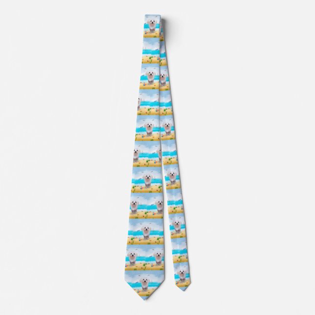 Maltese Dog on Beach Tie (Front)