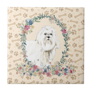 Maltese Dog Paw Print Floral Cute Beige Ceramic Tile