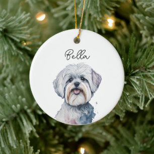 Maltese Dog Pet Custom Name Holiday Christmas  Ceramic Ornament