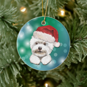 Maltese Dog Red Santa Hat Christmas Ceramic Ornament