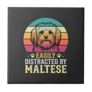 Maltese Dog Retro Sunset Distracted Ceramic Tile