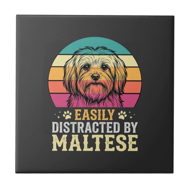 Maltese Dog Retro Sunset Distracted Ceramic Tile (Front)