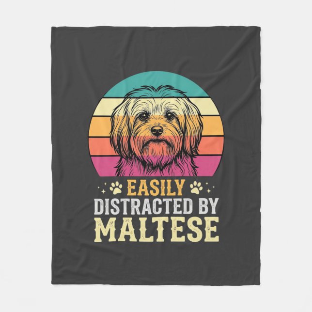 Maltese Dog Retro Sunset Distracted Fleece Blanket (Front)
