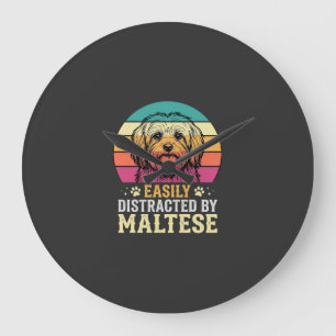 Maltese Dog Retro Sunset Distracted Large Clock