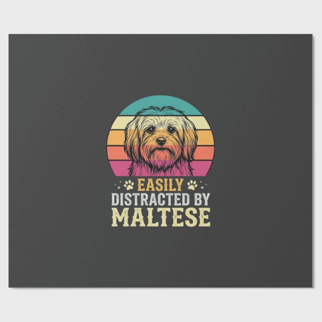 Maltese Dog Retro Sunset Distracted Wrapping Paper (Flat)